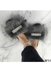 Home Slippers Women Thin Slippers Luxury Summer Faux Fur Slippers Furry Slides Shoes For Women With Rhinestones Slipper 2022