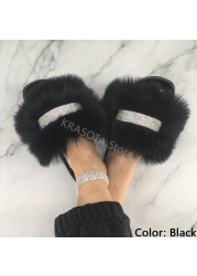 Home Slippers Women Thin Slippers Luxury Summer Faux Fur Slippers Furry Slides Shoes For Women With Rhinestones Slipper 2022