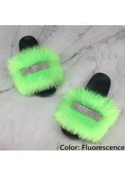 Home Slippers Women Thin Slippers Luxury Summer Faux Fur Slippers Furry Slides Shoes For Women With Rhinestones Slipper 2022