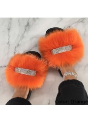 Home Slippers Women Thin Slippers Luxury Summer Faux Fur Slippers Furry Slides Shoes For Women With Rhinestones Slipper 2022