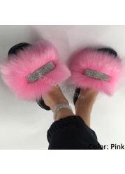 Home Slippers Women Thin Slippers Luxury Summer Faux Fur Slippers Furry Slides Shoes For Women With Rhinestones Slipper 2022