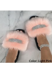 Home Slippers Women Thin Slippers Luxury Summer Faux Fur Slippers Furry Slides Shoes For Women With Rhinestones Slipper 2022