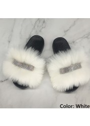 Home Slippers Women Thin Slippers Luxury Summer Faux Fur Slippers Furry Slides Shoes For Women With Rhinestones Slipper 2022