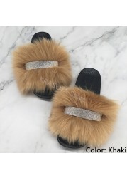 Home Slippers Women Thin Slippers Luxury Summer Faux Fur Slippers Furry Slides Shoes For Women With Rhinestones Slipper 2022