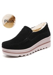 5.5cm high heels thick platform women shoes casual solid genuine leather with plush autumn winter outdoor ladies walking shoes