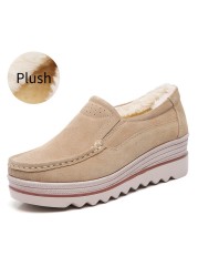 5.5cm high heels thick platform women shoes casual solid genuine leather with plush autumn winter outdoor ladies walking shoes