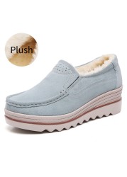 5.5cm high heels thick platform women shoes casual solid genuine leather with plush autumn winter outdoor ladies walking shoes