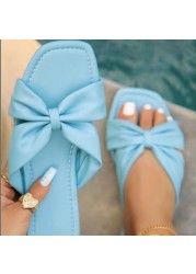 Size 43 Women Summer Sandals Satin Bow Flat Shoes Pearl Beach Sandals Suede Imitation Solid Color Sandals Outdoor Sandals