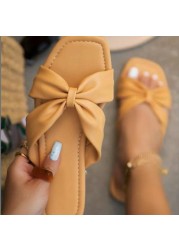 Size 43 Women Summer Sandals Satin Bow Flat Shoes Pearl Beach Sandals Suede Imitation Solid Color Sandals Outdoor Sandals