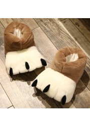 Women Creative Cute Plush Bear Paw White Long Tube Cotton Shoes Couple Indoor Winter Home Warm Cartoon Non-slip Fuzzy Slippers