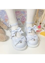 Kawaii Girls Lolita Shoes Fashion 2022 Japanese Style PU Patchwork Mary Janes Bowknot Lovely Heart Buckle Solid Zapatillas Mujer