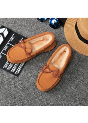 2022 women shoes winter warm 100% genuine leather flat shoes loafers slip on women flats plush shoes moccasins lady