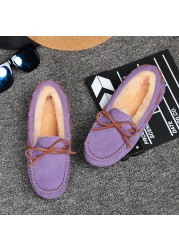 2022 women shoes winter warm 100% genuine leather flat shoes loafers slip on women flats plush shoes moccasins lady