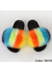 fluffy slippers women luxury real fox fur slippers women home fur slides ladies summer flip flops wholesale flat shoes slippers