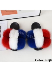 fluffy slippers women luxury real fox fur slippers women home fur slides ladies summer flip flops wholesale flat shoes slippers