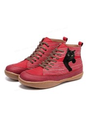 Women Winter New Genuine Leather Shoes Women 2021 Cross Straps Flat Bottom High Quality Printing Cat Boots Warm Comfortable Socks
