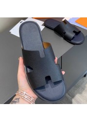 2022 summer luxury designer men leather flat sandals flat open toe comfort elegant wide fit mule slippers flip flop shoes 38-46