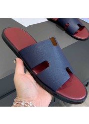 2022 summer luxury designer men leather flat sandals flat open toe comfort elegant wide fit mule slippers flip flop shoes 38-46