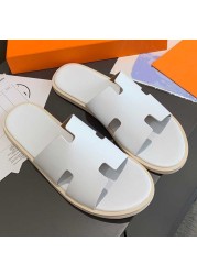 2022 summer luxury designer men leather flat sandals flat open toe comfort elegant wide fit mule slippers flip flop shoes 38-46