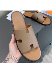 2022 summer luxury designer men leather flat sandals flat open toe comfort elegant wide fit mule slippers flip flop shoes 38-46