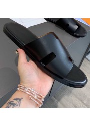 2022 summer luxury designer men leather flat sandals flat open toe comfort elegant wide fit mule slippers flip flop shoes 38-46