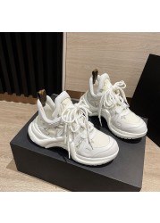 Fashion Mixed Colors Dad Shoes Real Leather Round Toe Lace-up High Top Casual Shoes Woman Height Increasing Lady Shoes