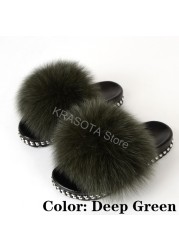 Fur Slippers Women Real Fox Fur Slides Fluffy Home Slippers Luxury Flip Flop with Fur Ladies Platform Sandals Summer Shoes Women