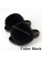 Fur Slippers Women Real Fox Fur Slides Fluffy Home Slippers Luxury Flip Flop with Fur Ladies Platform Sandals Summer Shoes Women