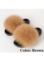 Fur Slippers Women Real Fox Fur Slides Fluffy Home Slippers Luxury Flip Flop with Fur Ladies Platform Sandals Summer Shoes Women