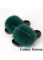 Fur Slippers Women Real Fox Fur Slides Fluffy Home Slippers Luxury Flip Flop with Fur Ladies Platform Sandals Summer Shoes Women