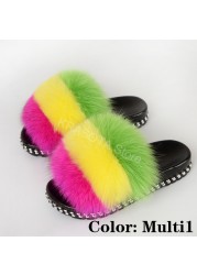 Fur Slippers Women Real Fox Fur Slides Fluffy Home Slippers Luxury Flip Flop with Fur Ladies Platform Sandals Summer Shoes Women