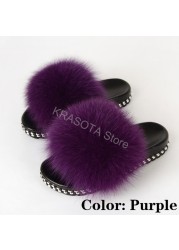 Fur Slippers Women Real Fox Fur Slides Fluffy Home Slippers Luxury Flip Flop with Fur Ladies Platform Sandals Summer Shoes Women