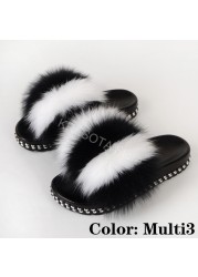 Fur Slippers Women Real Fox Fur Slides Fluffy Home Slippers Luxury Flip Flop with Fur Ladies Platform Sandals Summer Shoes Women