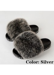 Fur Slippers Women Real Fox Fur Slides Fluffy Home Slippers Luxury Flip Flop with Fur Ladies Platform Sandals Summer Shoes Women