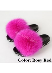 Fur Slippers Women Real Fox Fur Slides Fluffy Home Slippers Luxury Flip Flop with Fur Ladies Platform Sandals Summer Shoes Women