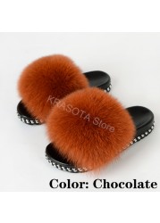 Fur Slippers Women Real Fox Fur Slides Fluffy Home Slippers Luxury Flip Flop with Fur Ladies Platform Sandals Summer Shoes Women