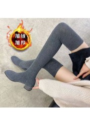 Women Over The Knee Sock Boots Knitting Sock Boots Pointed Toe Elastic Slim Female Thigh High Boots Flat Botas De Mujer Boots