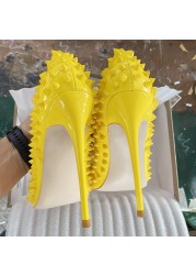 Yellow Color Rivets Women Pointed Toe Stiletto High Heels Size 33-45 Punk Rivets Slip On Sex Pumps