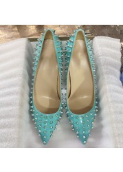 Yellow Color Rivets Women Pointed Toe Stiletto High Heels Size 33-45 Punk Rivets Slip On Sex Pumps