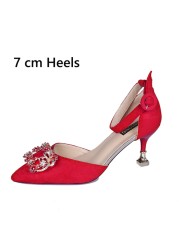 Lucifer 2022 Spring Women Fashion Crystal Thin Heels Wedding Shoes Sexy Pointed Toe Pumps Red Ankle Strap Party Ladies Sandals