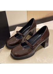 Lucyever Vintage Thick Heels Mary Jane Shoes Women 2022 Buckle Strap Patent Leather Shoes Woman Black Brown Shallow Pumps Ladies