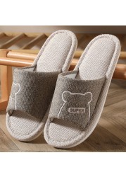 Women Indoor Linen Slippers Floor Couple Bedroom Shoes Ladies Summer Cute Cartoon Open Toes Non-slip Flip Flops Zapatillas Mujer