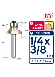 BB Corner Rounding Router Bit Concave Milling Cutter with Parallel Shank 1/2 1/4 Inch Woodworking Tool Round Edge Trimmer