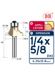 BB Corner Rounding Router Bit Concave Milling Cutter with Parallel Shank 1/2 1/4 Inch Woodworking Tool Round Edge Trimmer