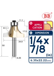 BB Corner Rounding Router Bit Concave Milling Cutter with Parallel Shank 1/2 1/4 Inch Woodworking Tool Round Edge Trimmer