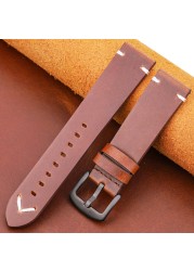 Handmade Genuine Leather Watchband Oil Wax Cowhide Smart Watch Band 18mm 20mm 22mm 24mm brwin black green yellow strap