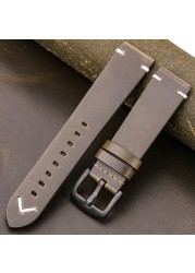 Handmade Genuine Leather Watchband Oil Wax Cowhide Smart Watch Band 18mm 20mm 22mm 24mm brwin black green yellow strap