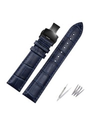 Genuine Leather Bracelet Dark Blue Watch Strap Butterfly Clasp Watchband Size In 16mm 18mm 20mm 21 22mm 23mm Watch Band