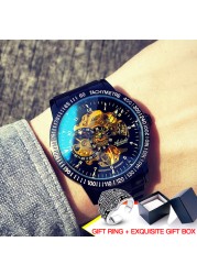 Brand new design 2021 men's hollow automatic golden skeleton mechanical watch GMT luxury brand watches waterproof men watch