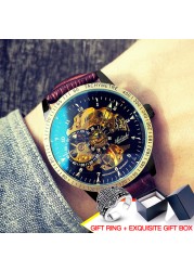 Brand new design 2021 men's hollow automatic golden skeleton mechanical watch GMT luxury brand watches waterproof men watch